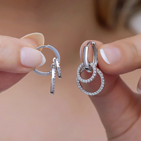 Silver Huggie Hoop Earrings with Dangling Zirconia Circles
