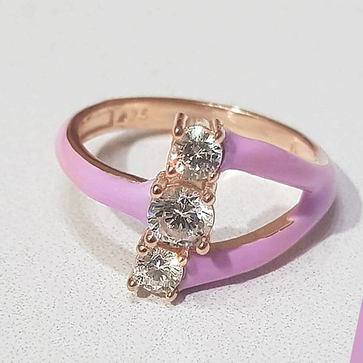 Stylish Enamel Ring with Three Zircon Stones in Rose Gold Plated 925 Silver