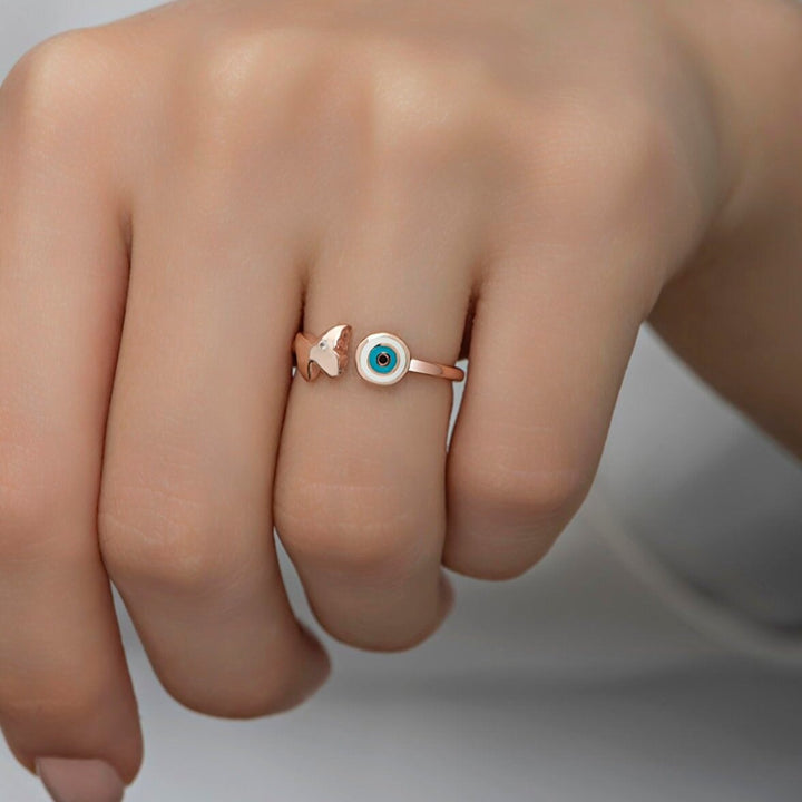 Rose Gold Plated Silver Women Ring with Butterfly and Evil Eye