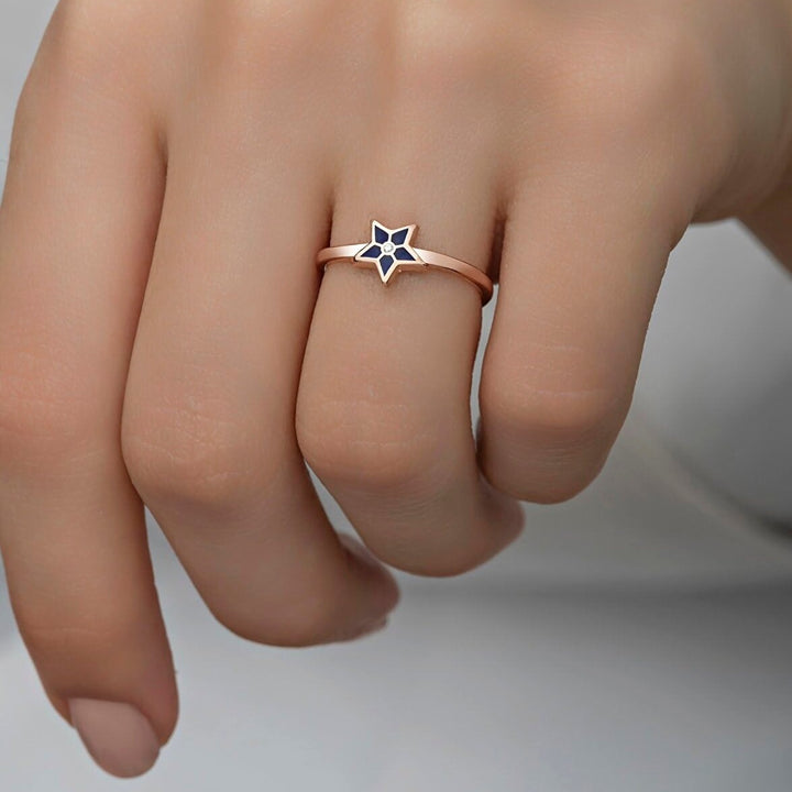 Rose Gold Plated Blue Enamel Star-Shaped Women's Ring in Silver
