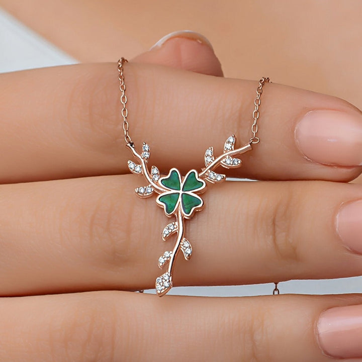 Emerald Elegance: 925 Sterling Silver Green Clover Necklace on Branch - Captivating Beauty and Symbolism