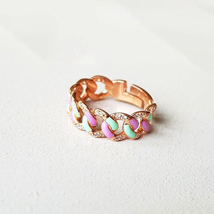 Silver Ring with Rose Gold Plated Chain Design and Lilac-Mint Enamel