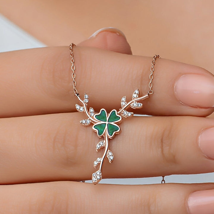 Whimsical Charm: 925 Sterling Silver Green Clover Necklace on Branch - Playful and Stylish Statement Piece