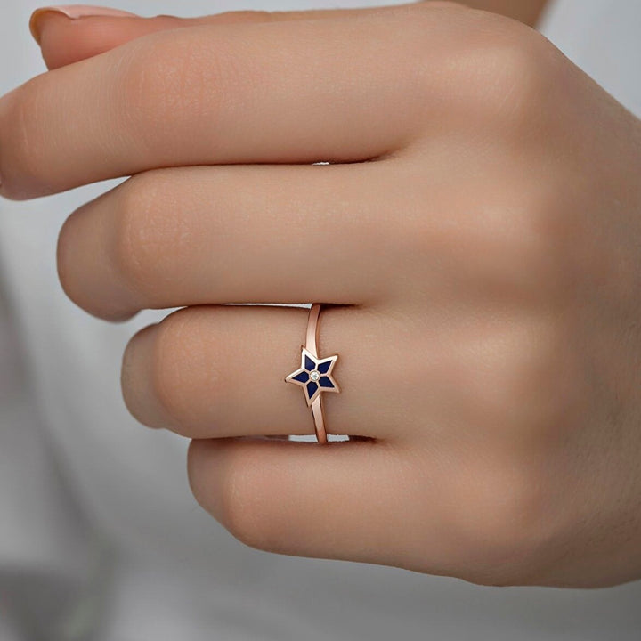Blue Enamel Star-Shaped Ring for Women with Rose Gold Plated Silver Band