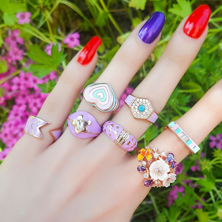 Colorful Enamel Ring for Women with Rose Gold Plated Silver Band