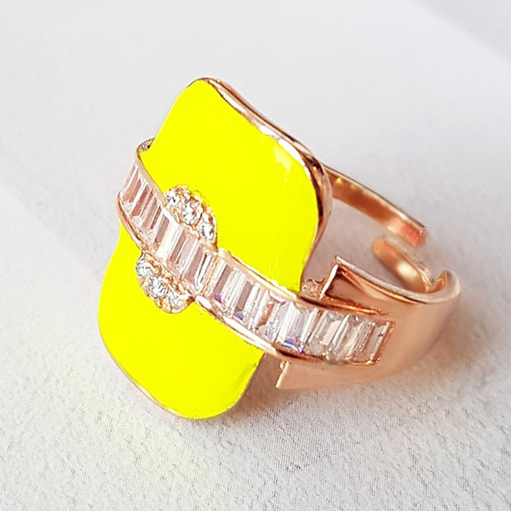 Yellow Enamel Silver Ring with Baguette Cut Zircon Stones