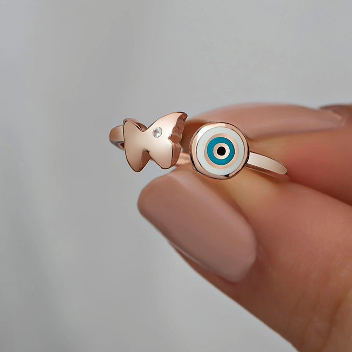 Rose Gold Plated Silver Women Ring with Butterfly and Evil Eye