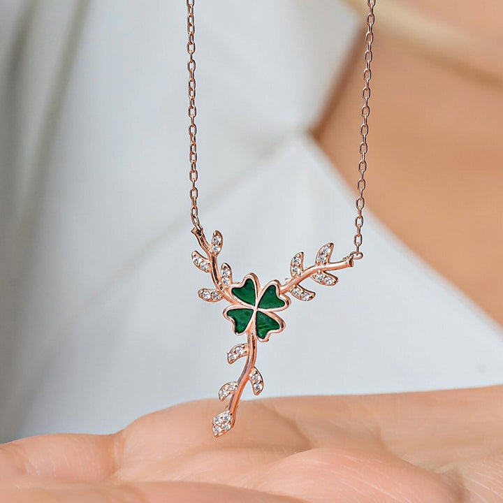 Enchanting Four-Leaf: 925 Sterling Silver Green Clover Necklace on Branch - Symbol of Prosperity and Hope