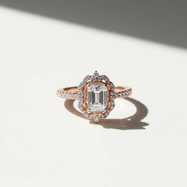 Rose gold ring with a large diamond and smaller diamonds on a light background