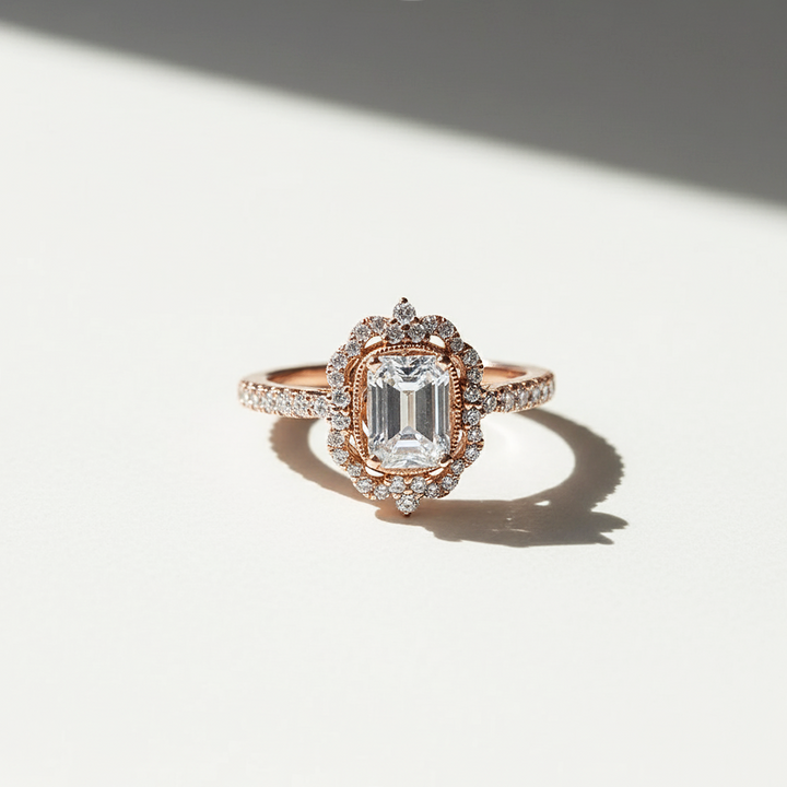 Rose gold ring with a large diamond and smaller diamonds on a light background
