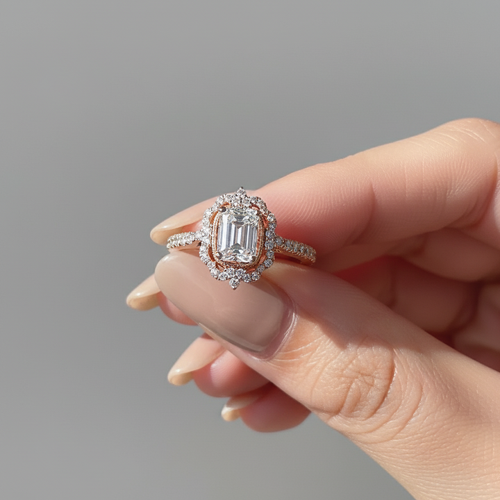 Diamond ring held in a hand against a gray background