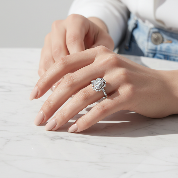 Close-up of a hand wearing a diamond ring on a light background