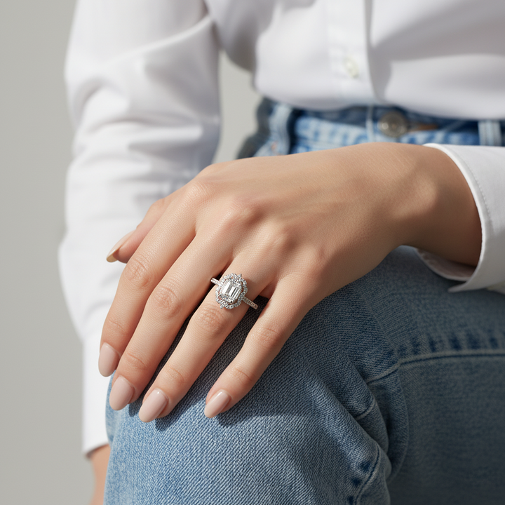 Close-up of a hand wearing an engagement ring with a white shirt and blue jeans.