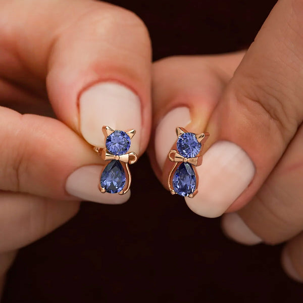 Cat Stud Earrings with blue Birthstone