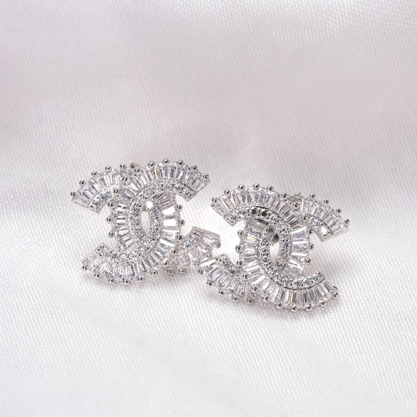 Silver Baguette Crystal Embellished CC Stud Earrings