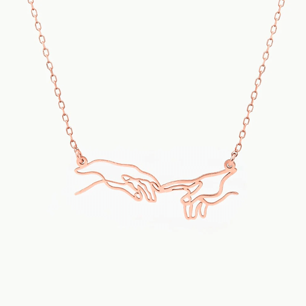 Art necklace in 925 sterling silver depicting Michelangelo's Creation of Man with cable link chain and spring ring fastening.