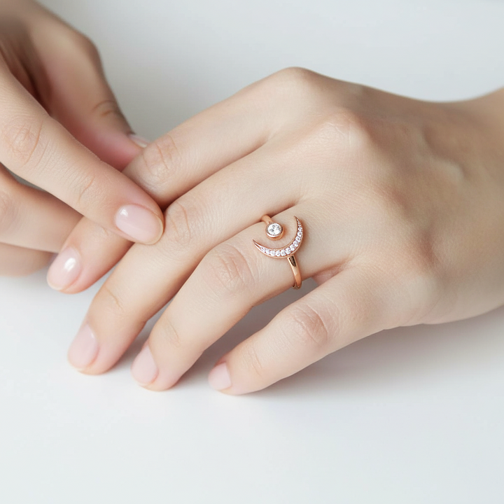 Close-up of a hand wearing a rose gold ring with a diamond on a light background