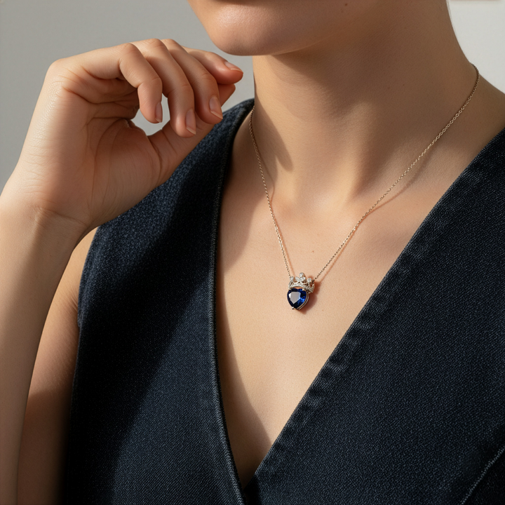 Necklace with a blue pendant worn by a person against a neutral background