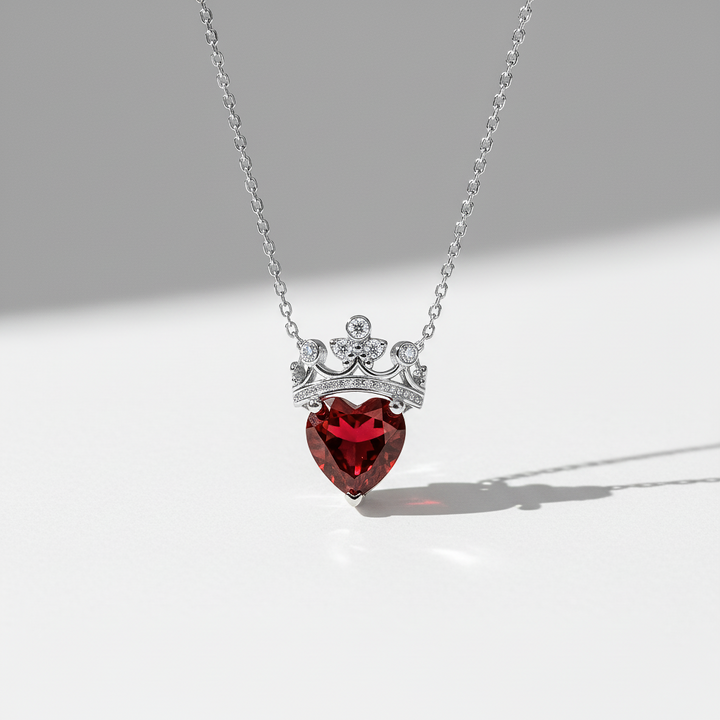 Heart-shaped red gemstone necklace with a crown-like top on a light gray background