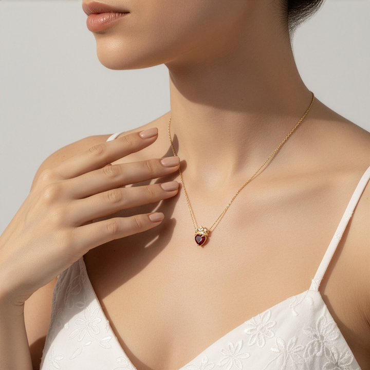 Woman wearing a gold necklace with a heart-shaped pendant on a plain background