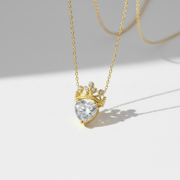 Gold necklace with a heart-shaped diamond pendant on a light background