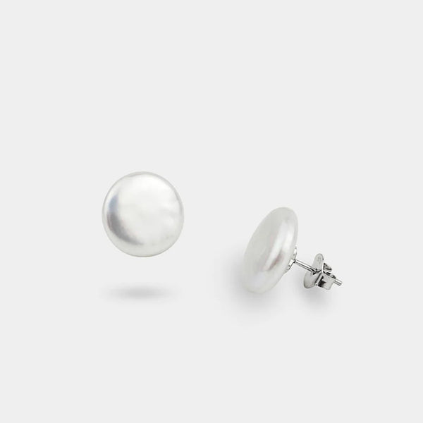 Pair of silver stud earrings on a white background