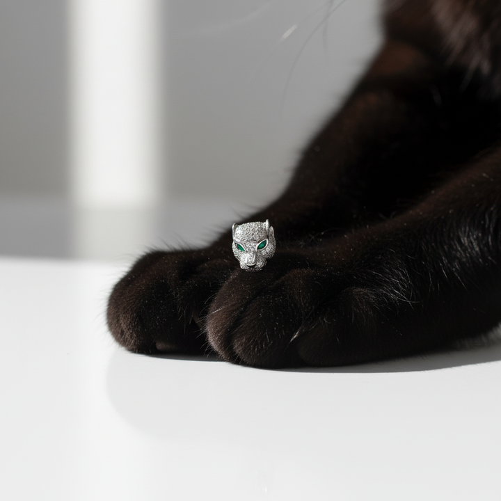 Silver panther earring on a black cat's paw with a white background