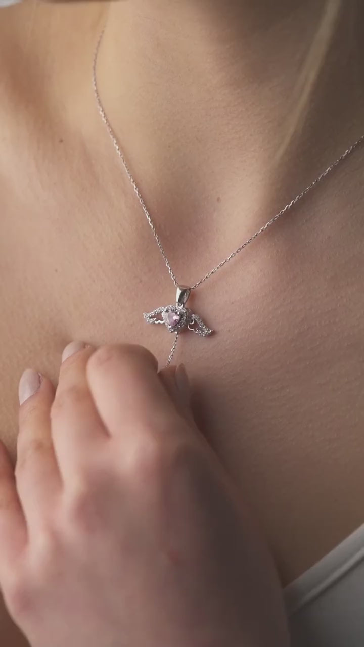 multicolor stone heart necklace pendant with moving wings and sparkling stones