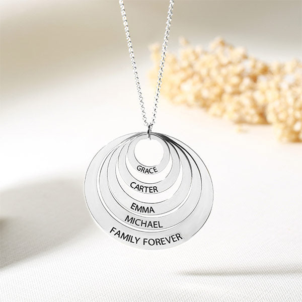 Sterling Silver Engraved Family Stacked Circle Necklace