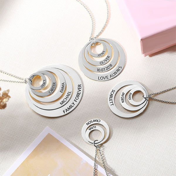 Sterling Silver Engraved Family Stacked Circle Necklace