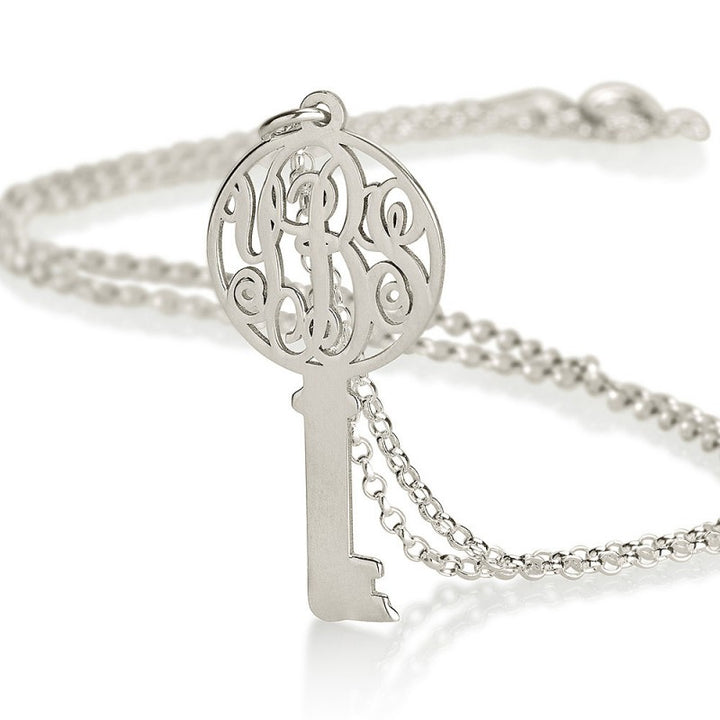 Custom Monogram Necklace Sterling Silver Key Pendant - J F W
