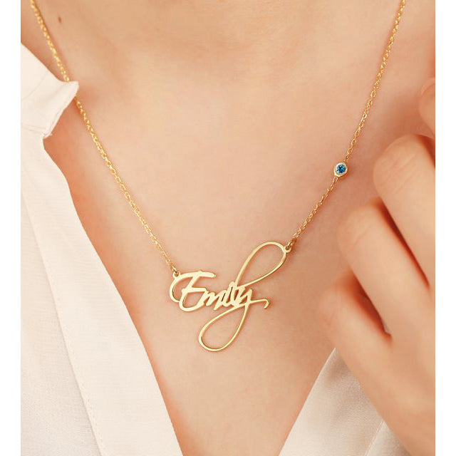 Calligraphy Name Necklace with Birthstone - J F W