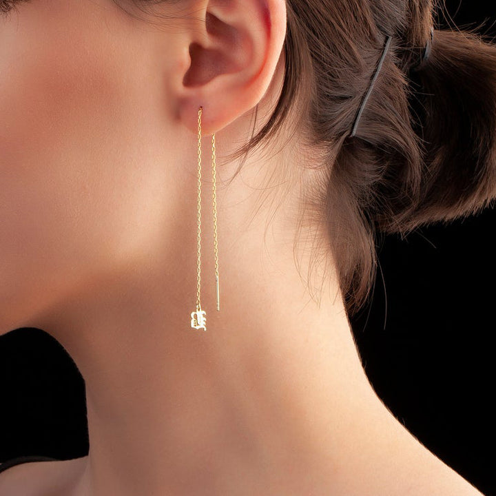 Minimalist Threader Earrings with Gothic Initial - J F W
