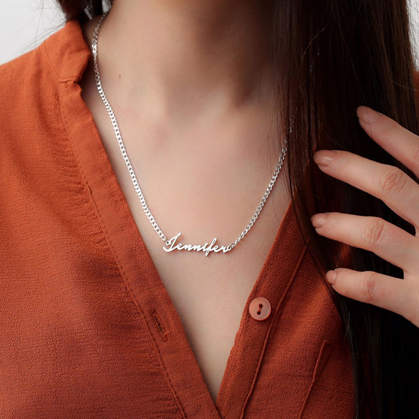 Necklace with Name Cursive Script with 3 mm Curb Chain - J F W