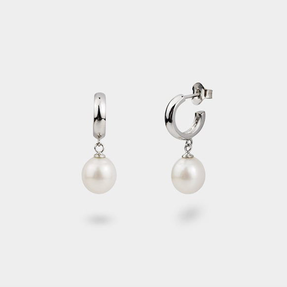 Small Silver Hoop Studs with Dangling Pearls - J F W