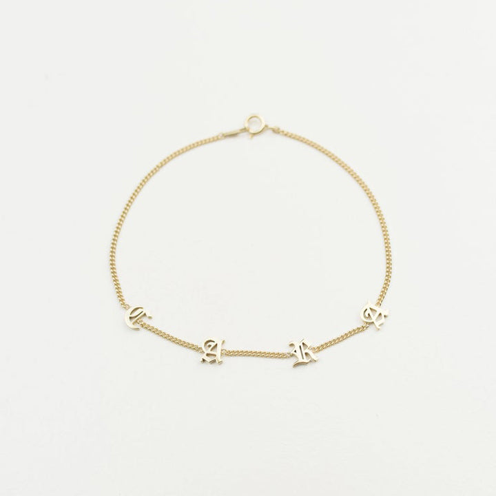Old English Initials Curb Chain Bracelet in Yellow Gold Silver - J F W