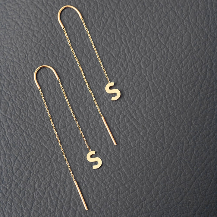 14k Yellow Gold Threader Earrings with Dangle Initial - J F W
