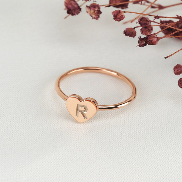 Rose Gold Initial Ring Engraved Dainty Heart Band - J F W