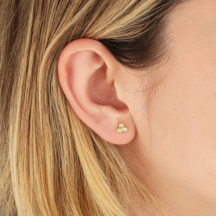0.18ct Diamond Ear Studs 14k Solid Gold Trio Gem Earrings - J F W
