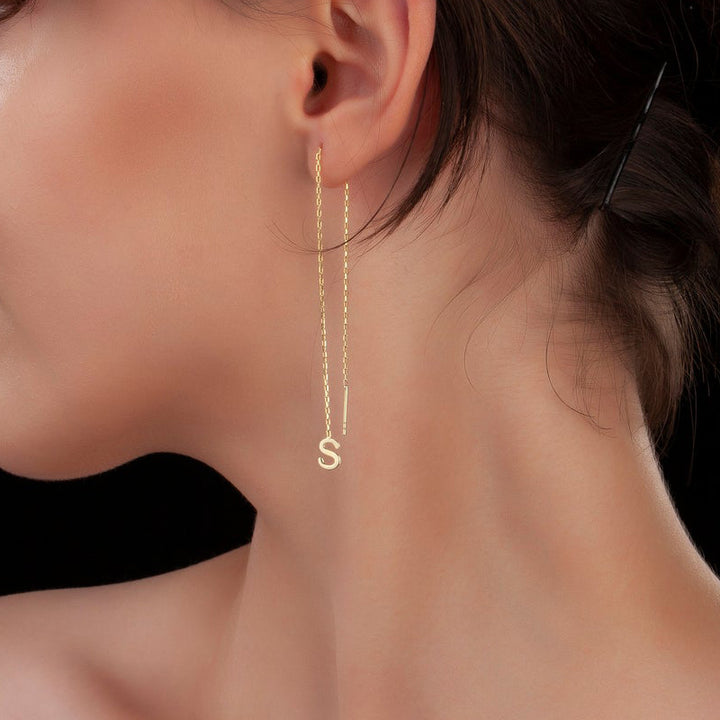 Threader Earrings with Initial Letter in Yellow Gold Vermeil - J F W