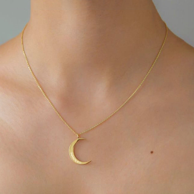 Crescent Moon Necklace Name Engraved Pendant - J F W