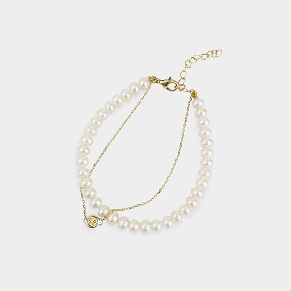 Pearl Chain Double Layer Bracelet with Gemstone - J F W