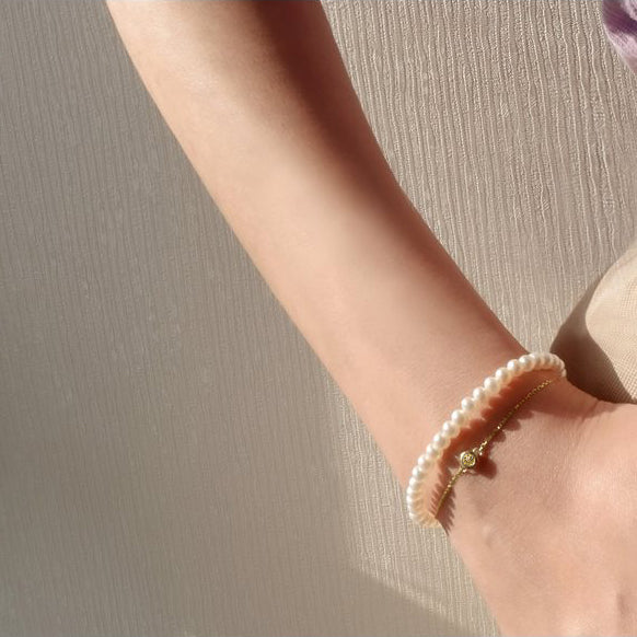 Pearl Chain Double Layer Bracelet with Gemstone - J F W