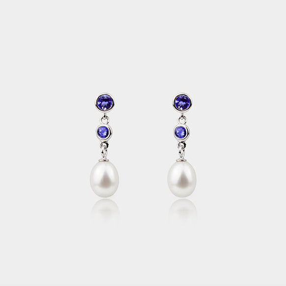 Pearl Drop Earrings with Gemstones Silver Studs - J F W