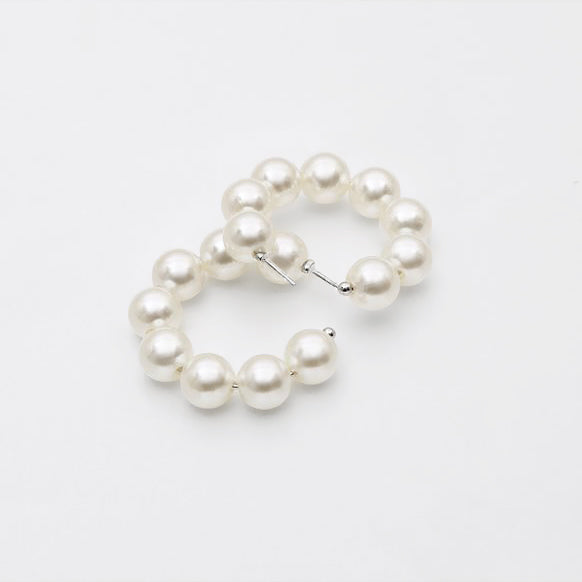 White Pearl Half Hoop Earrings 925 Silver Studs - J F W