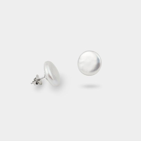 Bridal White Flat Coin Pearl Stud Earrings - J F W