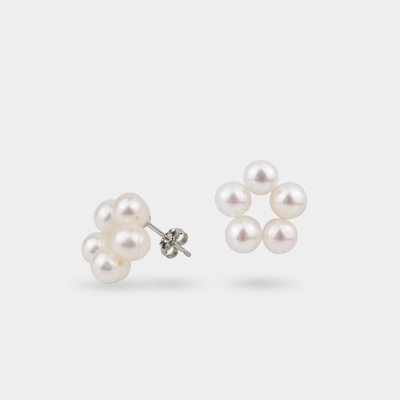 925 Silver White Pearl Cluster Style Stud Earrings - J F W