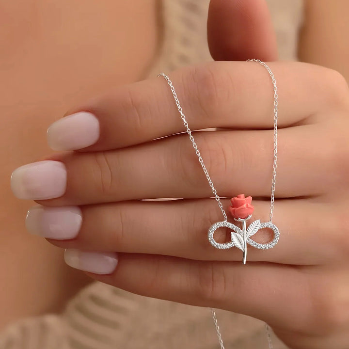 Infinity Necklace in 925 Sterling Silver with Rose and Zircon Stones