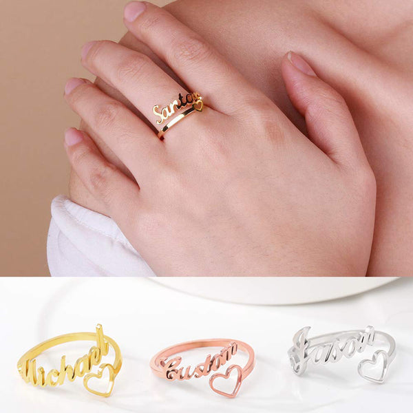 Custom Name Ring with Heart Gold Dainty Jewelry - J F W