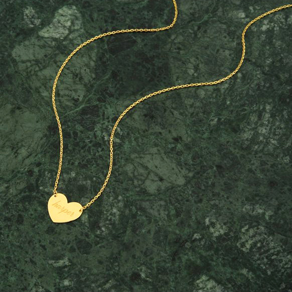 Solid Gold Heart Necklace with Chain Custom Engraving - J F W